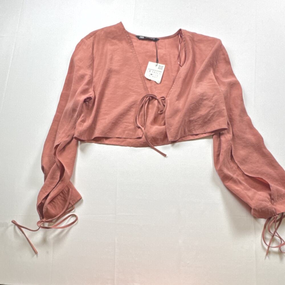 ZARA Women's Pink Linen Cropped Tie Front Long Sleeve Top S Regular
